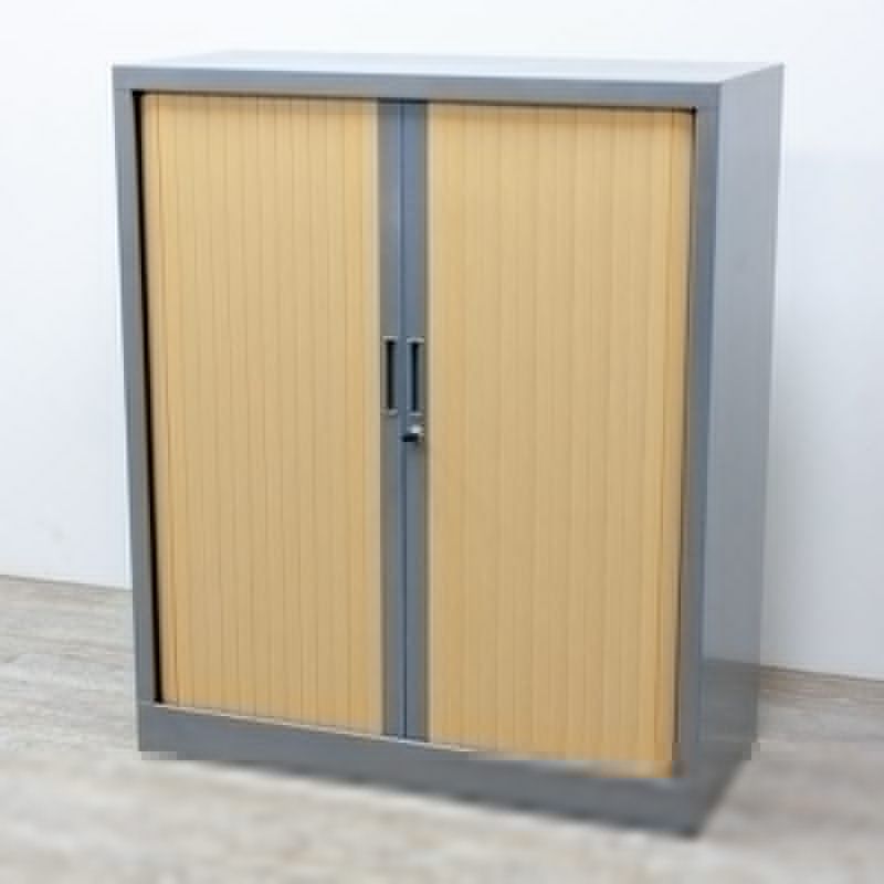Armoire basse L100 Gris Alu / Hêtre